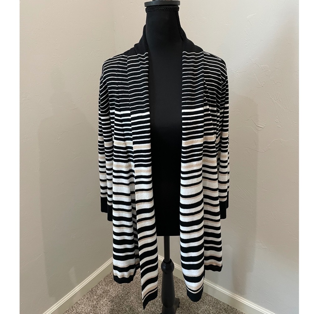 White House Black Market Striped Open Front Cardigan XL Black White Tan Sweater